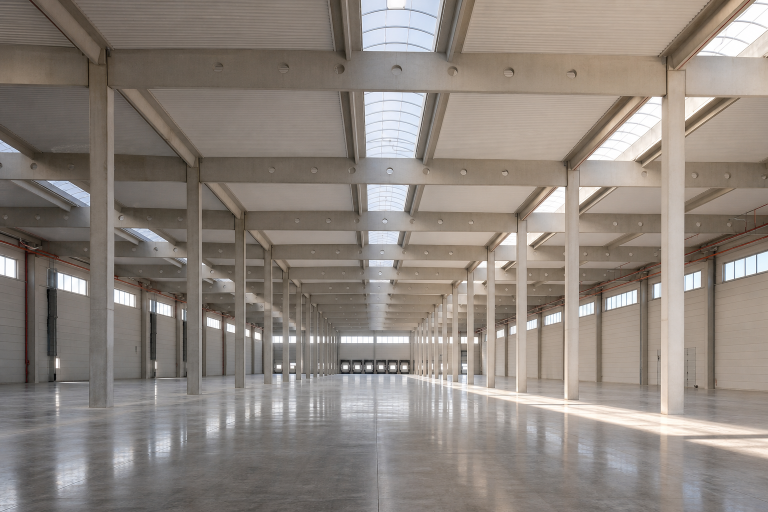 Interior de hală logistică cu stâlpi și grinzi prefabricate