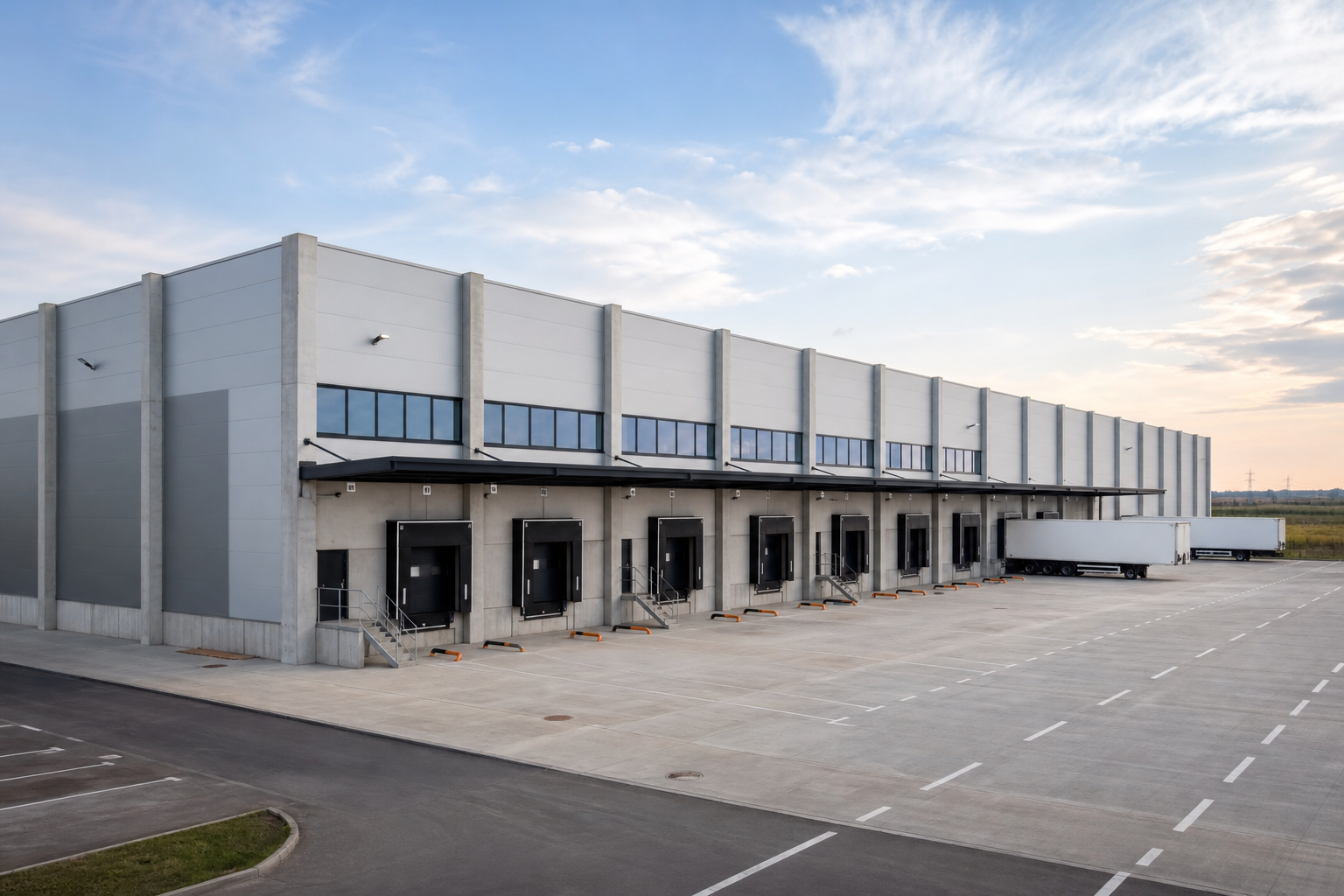 Centru logistic prefabricat din beton cu rampe de încărcare