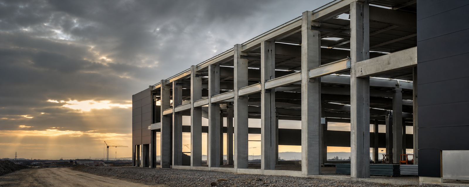 Structură amplă de hală prefabricată din beton în execuție